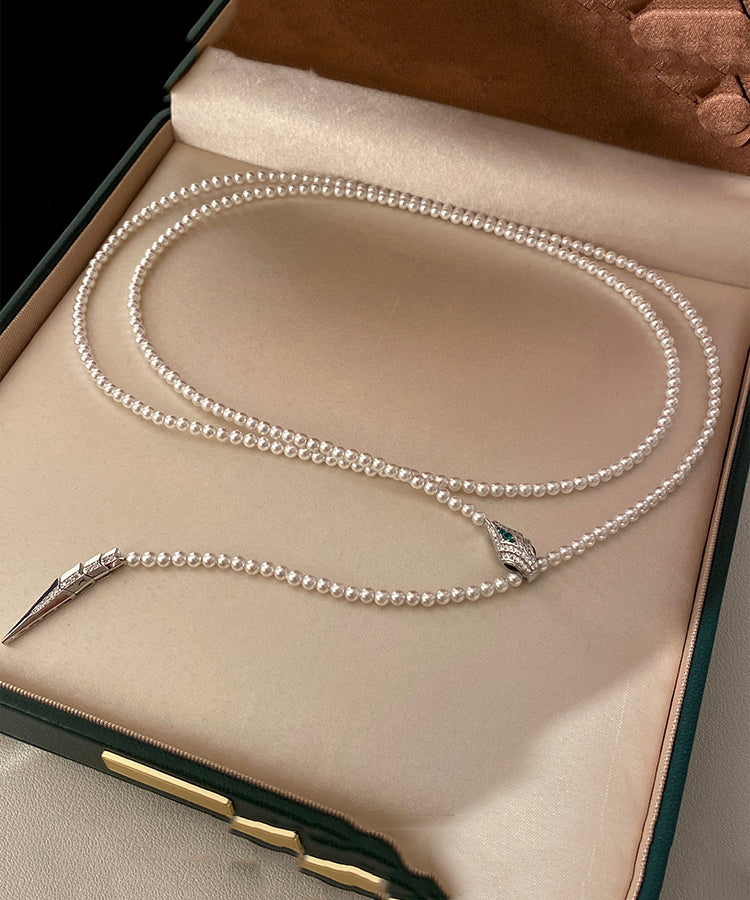 Boutique White Pearl Spirit Snake Zircon Sweater Chain Alloy Necklace