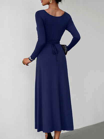 A-line High Waisted Color Tied Waist U-neck Midi Dresses