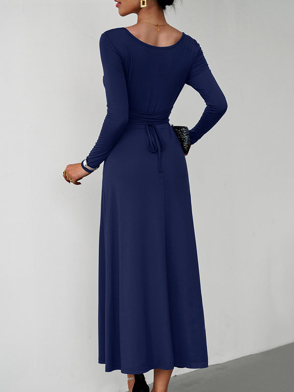 A-line High Waisted Color Tied Waist U-neck Midi Dresses