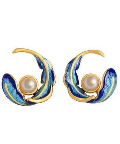 Colorblock Copper Alloy Pearl Feather Hoop Earrings