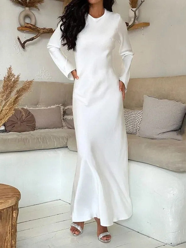A-line High Waisted Color Round-neck Maxi Dresses