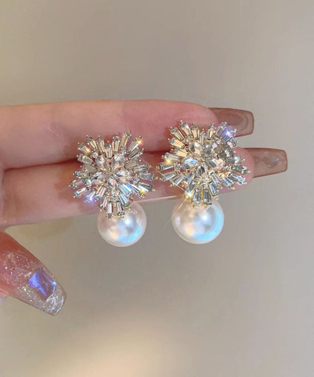 Stylish White Alloy Pearl Zircon Stud Earrings