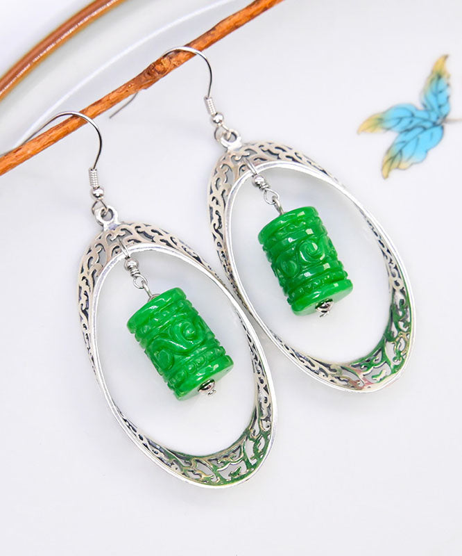 Green Sterling Silver Jade Dry Green Hollow Out Drop Earrings