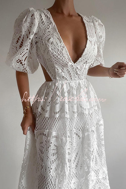 Color V Neck Hollow Lace Waistless Maxi Dress