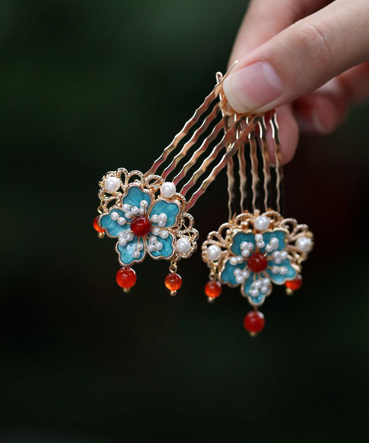 Retro Gold Sterling Silver Overgild Pearl Enamel Hairpin