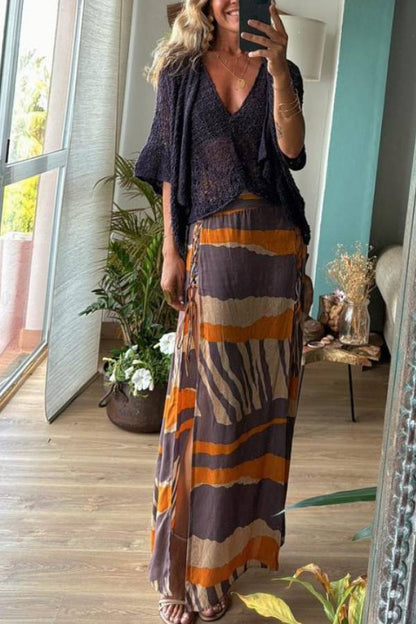 Bendita Colorblock Print Elastic Waist Side Lace-up Slit Maxi Skirt