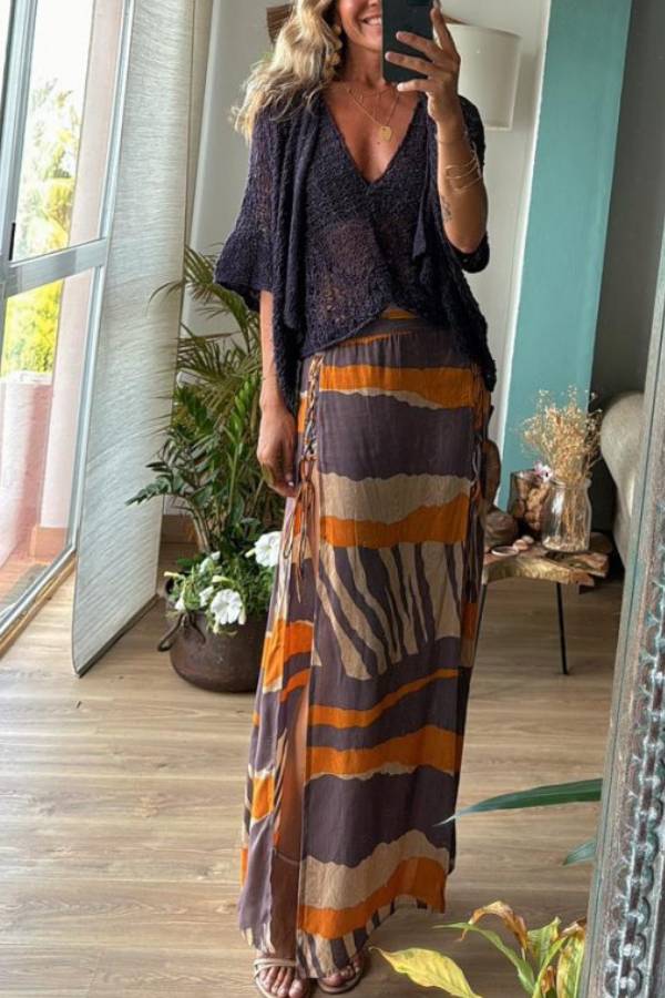 Bendita Colorblock Print Elastic Waist Side Lace-up Slit Maxi Skirt