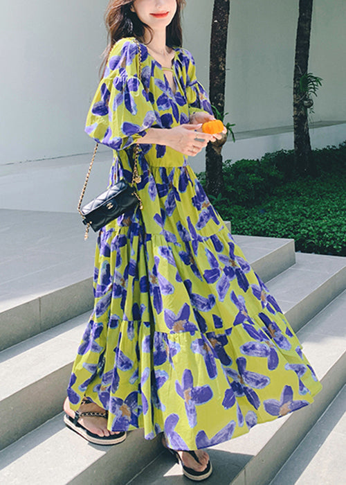 Stylish Green Print Patchwork Chiffon Long Dresses Half Sleeve Qp037