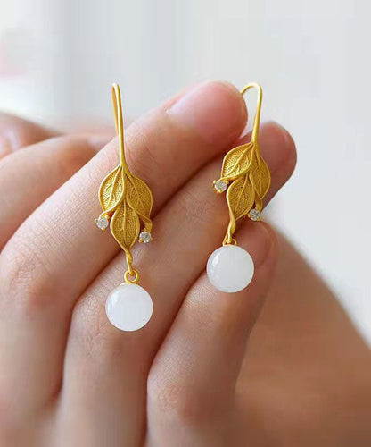 Diy Gold Sterling Silver Overgild Jade Leaf Drop Earrings