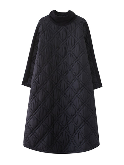 Simple Split-joint High-neck H-line Quilted Midi Dress