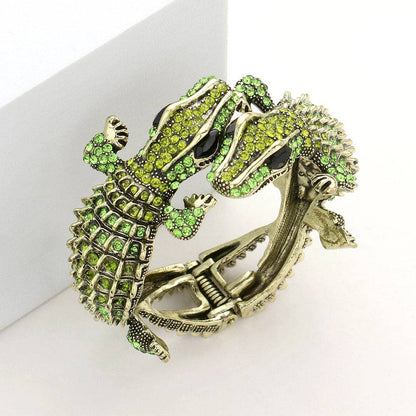 Double Crocodile/alligator Evening Hinged Cuff Bracelet: Green