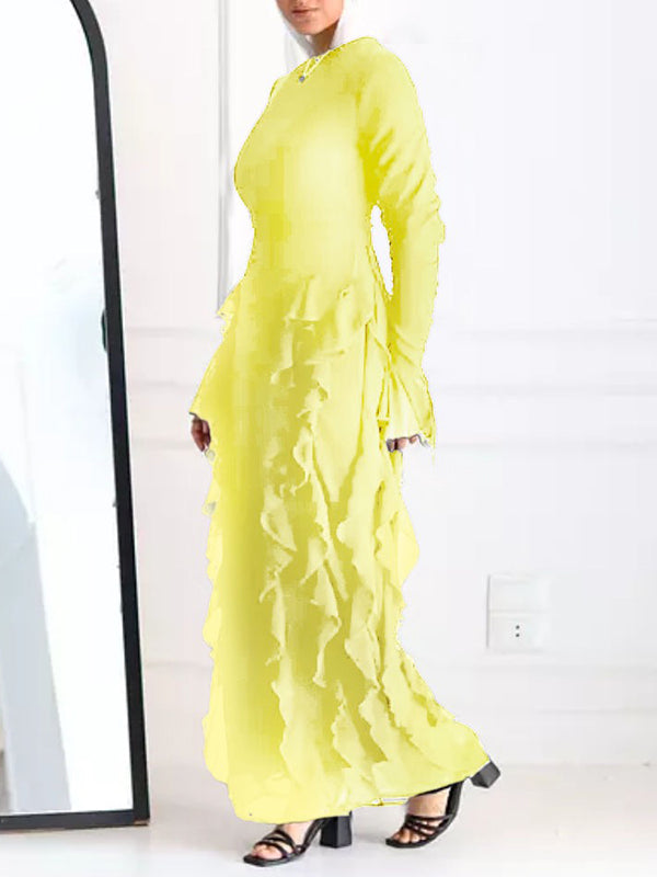 Long Sleeves Loose Falbala Color Round-neck Maxi Dresses