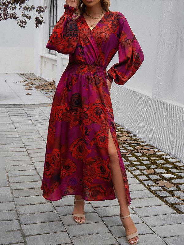 A-line High Waisted Elasticity Flower Print No Belt Split-side V-neck Maxi Dresses