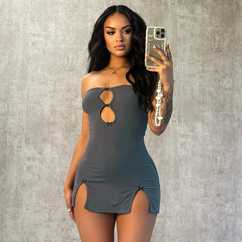 Y2k Mini Dress Summer Hottie Hollow Out Strapless Color Pullover Dresses Clothing