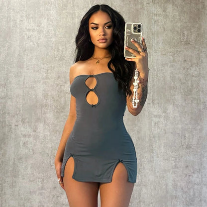 Y2k Mini Dress Summer Hottie Hollow Out Strapless Color Pullover Dresses Clothing