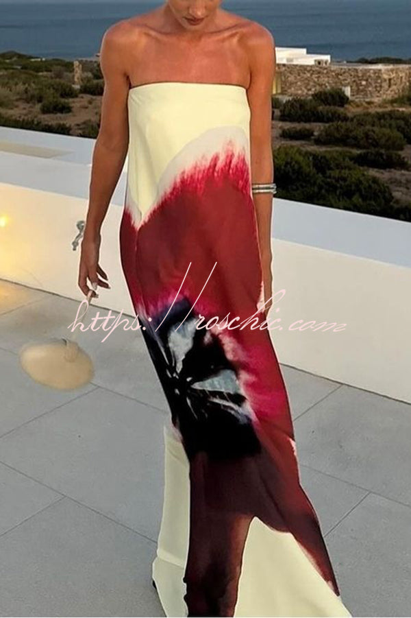 Print Strapless Backless Belt Maxi Dress