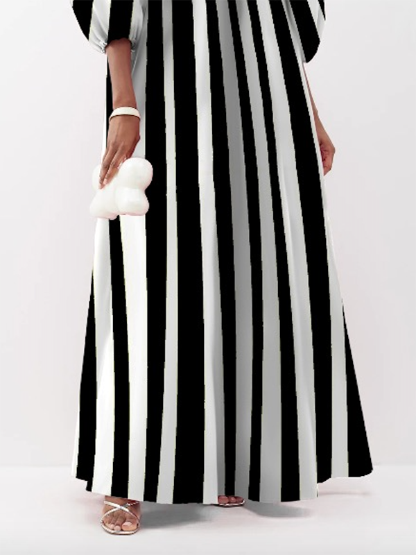 Puff Sleeves Three-quarter Sleeves Striped V-neck Maxi Dresses