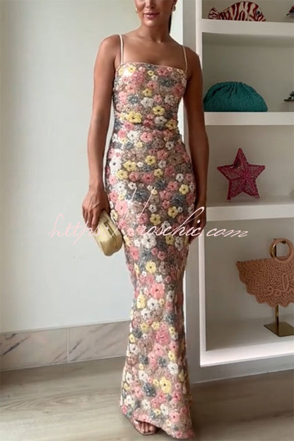 80's Inspired Print Sequin Square Neck Slip Stretch Maxi Dress