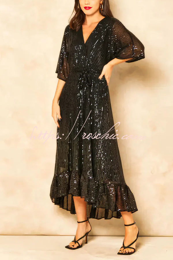 Color Sequined V-neck Waist Tie Loose Maxi Dress