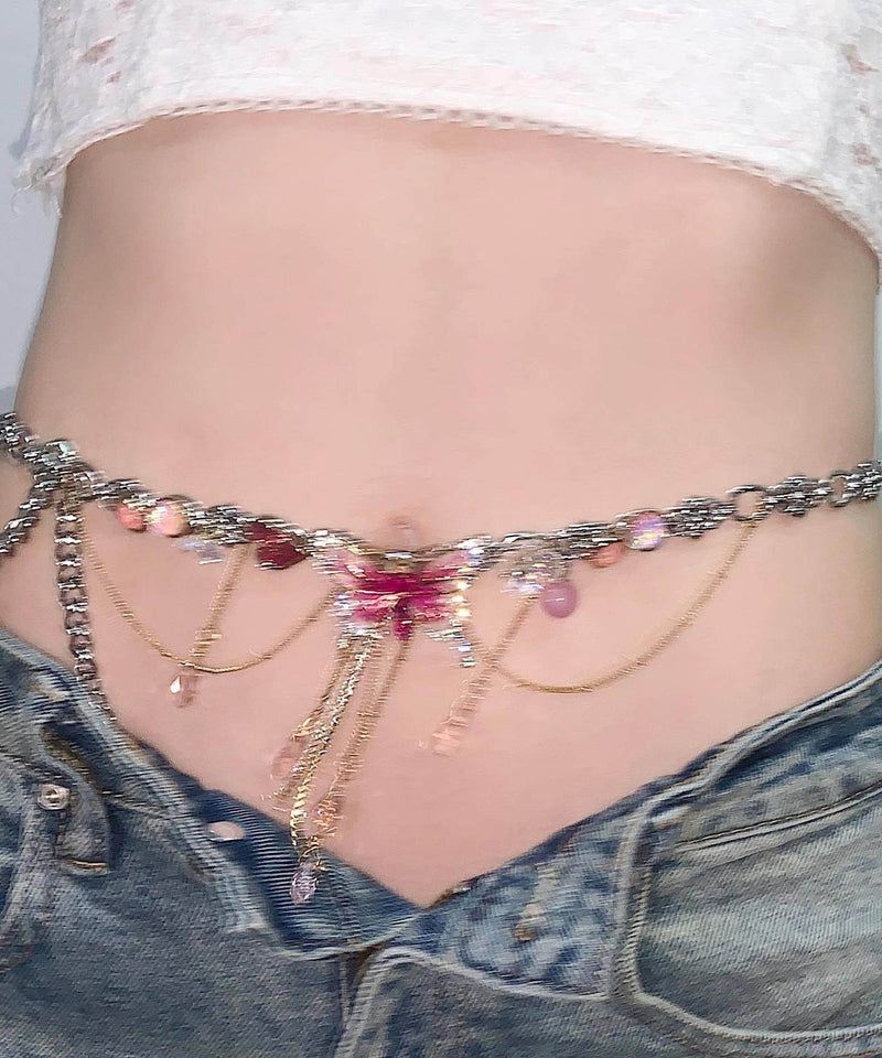 Style Pink Stainless Steel Butterfly Tassel Lariat Necklace