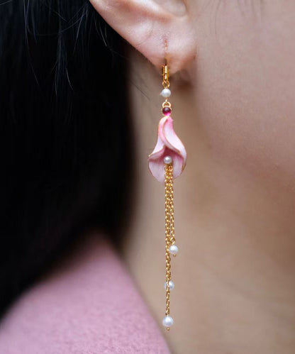 Pink Sterling Silver Overgild Pearl Horseshoe Lotus Tassel Drop Earrings