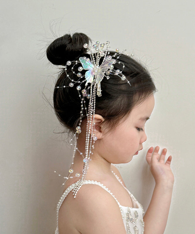 Boutique White Acrylic Alloy Crystal Butterfly Tassel Hairpin