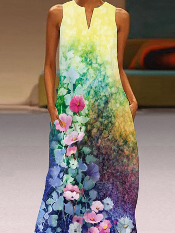 A-line Loose Flower Print Round-neck Maxi Dresses