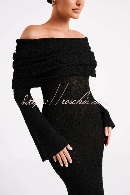 Marisol Ribbed Boucle Material Draped Off Shoulder Stretch Vacation Maxi Dress
