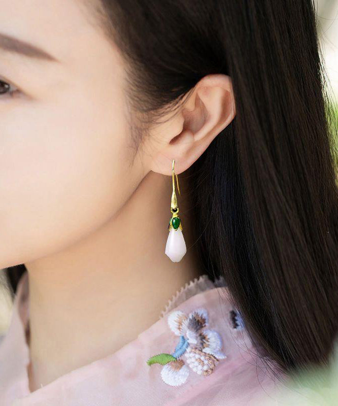 Gold Sterling Silver Overgild Jade Cloisonne Orchid Stud Earrings