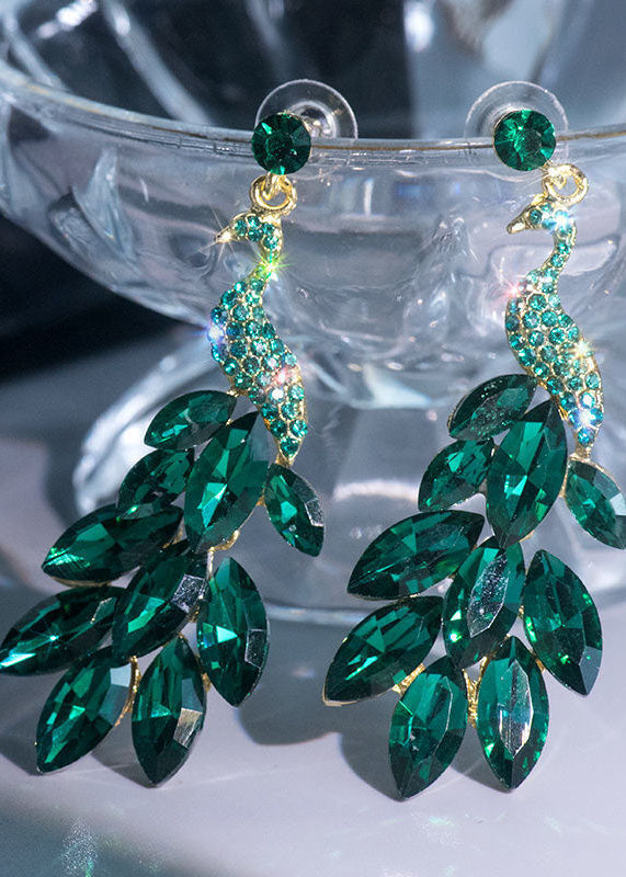 Green Crystal Peacock Flaunting Its Tail Drop Earrings