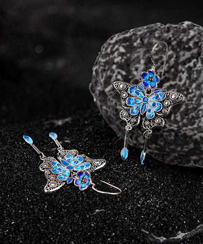 Boutique Blue Sterling Silver Butterfly Plum Blossom Tassel Drop Earrings