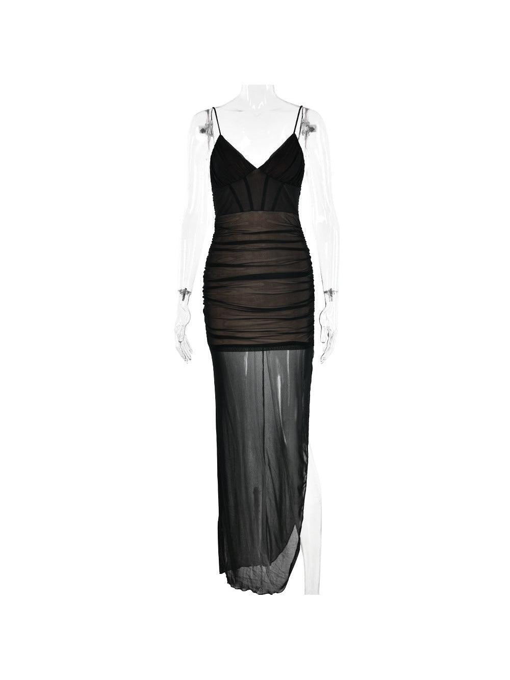 Mesh Tulle Spaghetti Strap Slit Maxi Dress