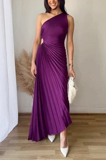 One Shoulder Cut Out Waist Pleated Maxi Dress