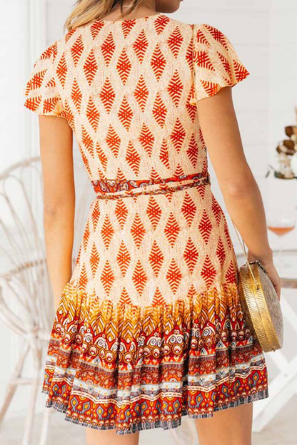 Spring and Summer Retro V-neck Print Short Sleeves Mini Dress