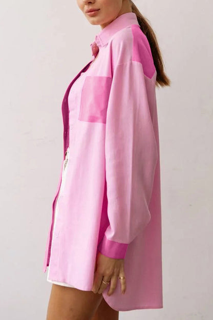 Pink Lapel Pocket Button-up Long Sleeve Blouse