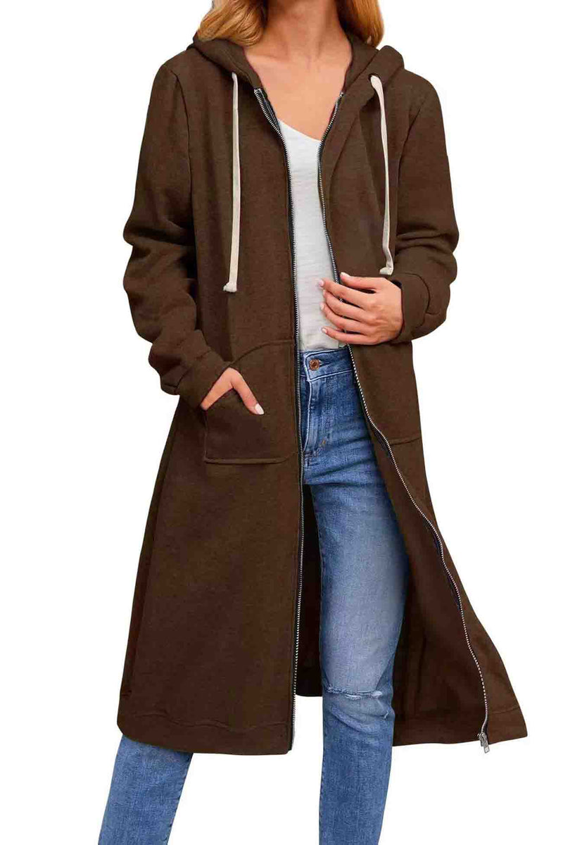 Zip Up Drawstring Hooded Long Cardigan