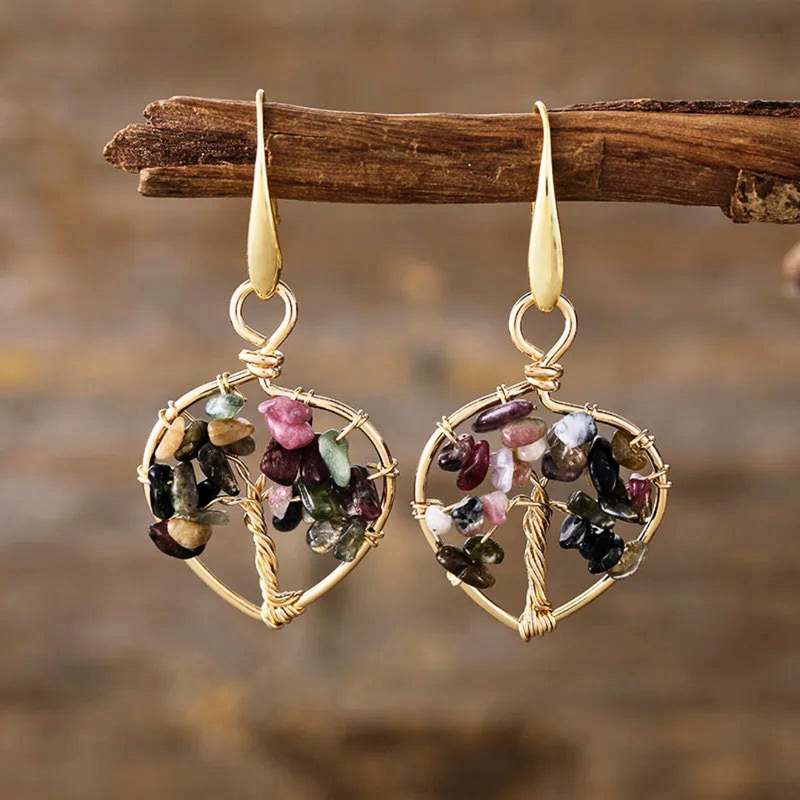 Natural Gemstone Tree of Life Heart Earrings