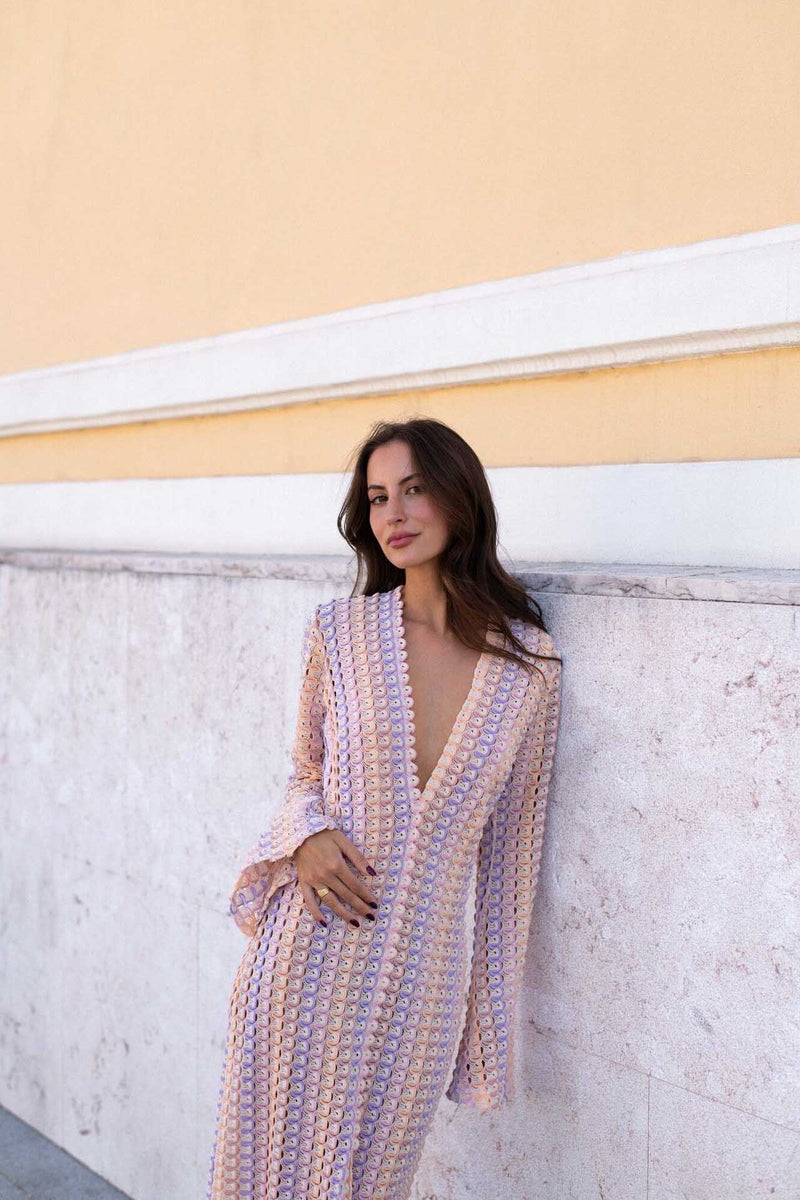 V Neck Bell Sleeve Wavy Striped Crochet Beach Vacation Maxi Dress