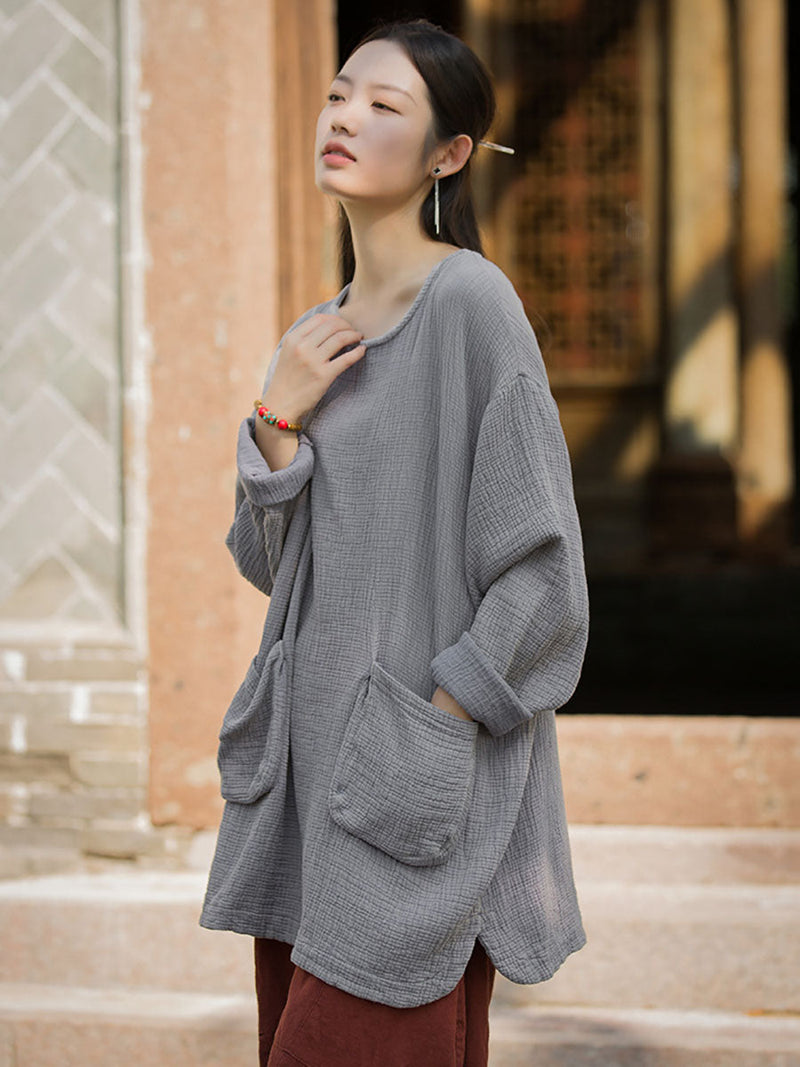 Autumn O-neck Cotton Blouse Av1021