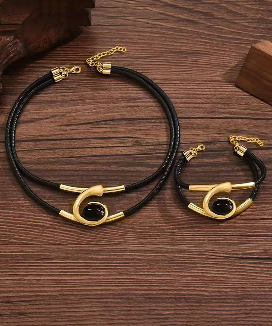Gold Acrylic Gem Stone Necklace and Bracelet Two-piece Set