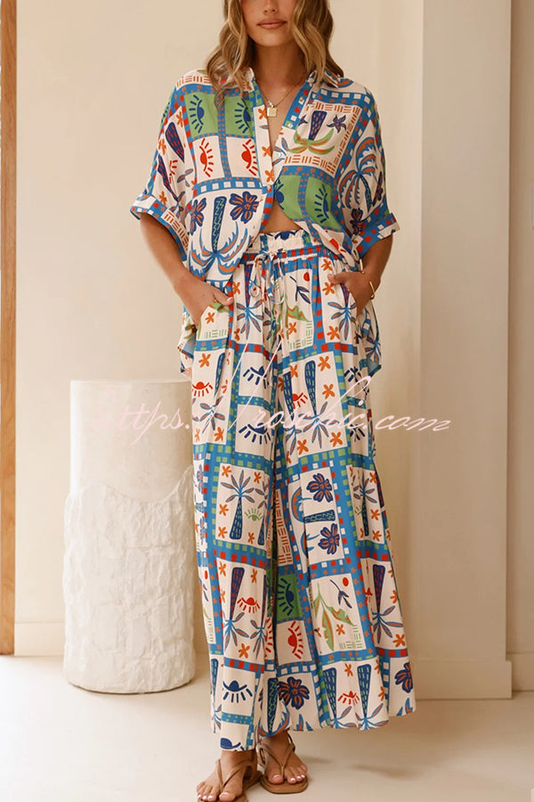 Unique Print Lapel Short Sleeve Loose Shirt and Elastic Waist Pocket Wide Leg Pants Set