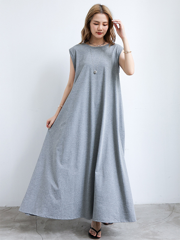 Simple Loose Sleeveless Color Round-neck Maxi Dresses