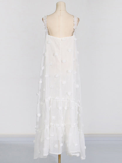 A-line High Waisted Layered Pleated Split-joint Three-dimensional Flower Spaghetti-neck Maxi Dresses