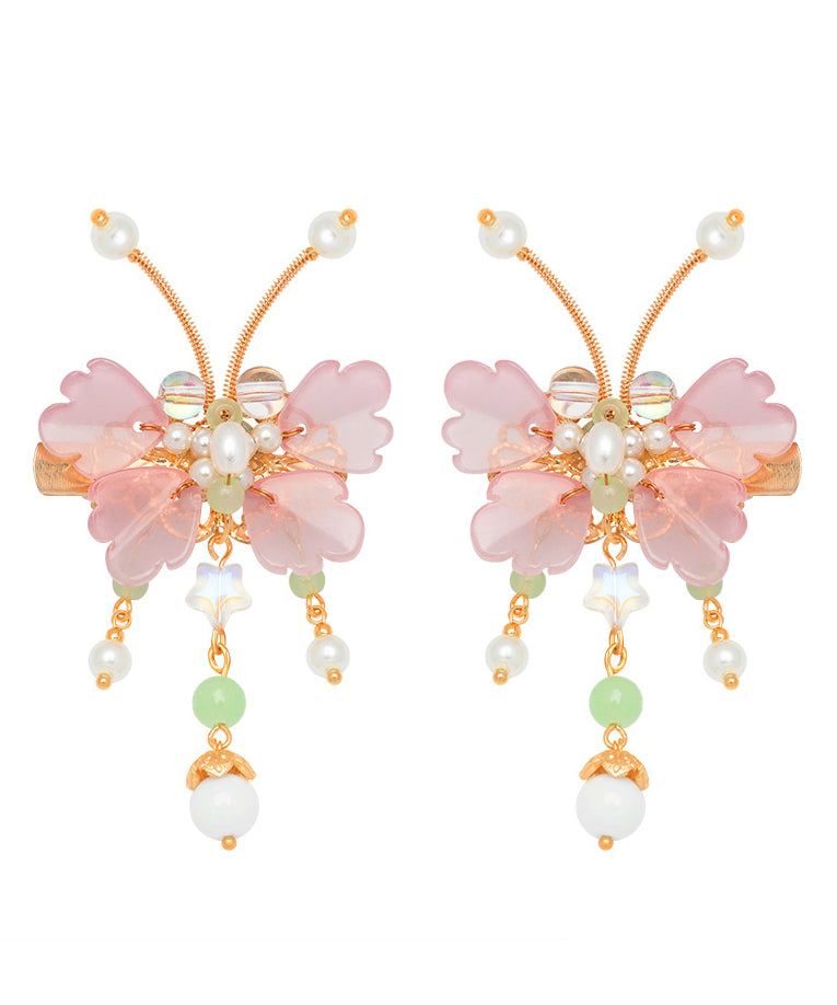 Pink Copper Alloy Pearl Butterfly Tassel Kids a Pair Hairpin