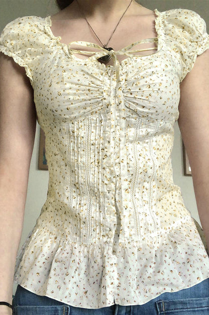 Tie Buttoned Puff Sleeve Blouse