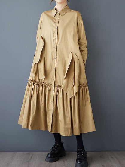 A-line Long Sleeves Buttoned Pleated Pockets Color Split-joint Lapel Midi Dresses