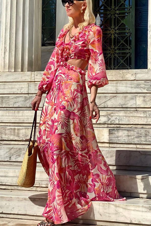 Make Me Blush Ruffle Side Cutout Waist Maxi Dress