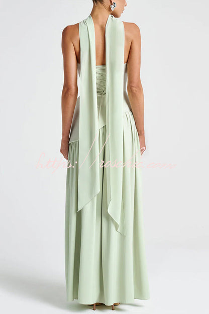 Off Shopulder Chiffon Pleated Hem Scarf Slit Maxi Dress