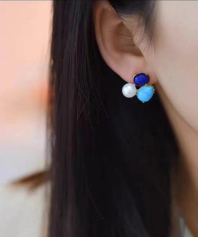Colorblock Sterling Silver Overgild Turquoise Pearl Stud Earrings