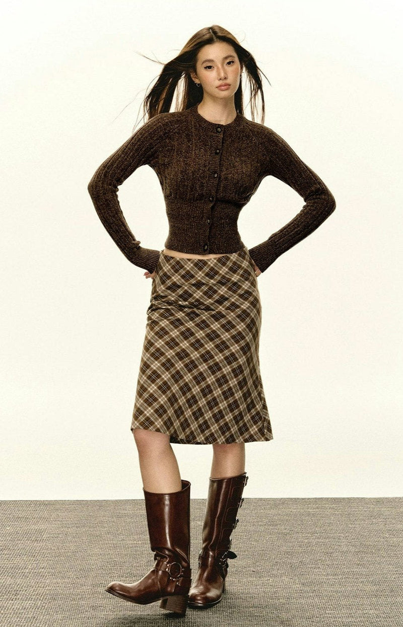 Brown Fitted Ribbed Button Cardigan